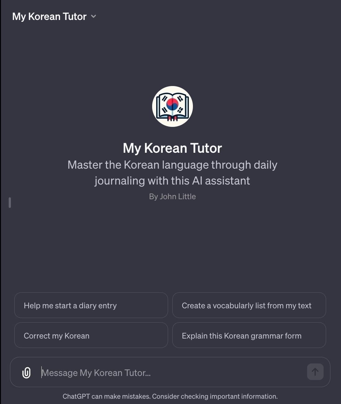 Screenshot of the My Korean Tutor Custom GPT