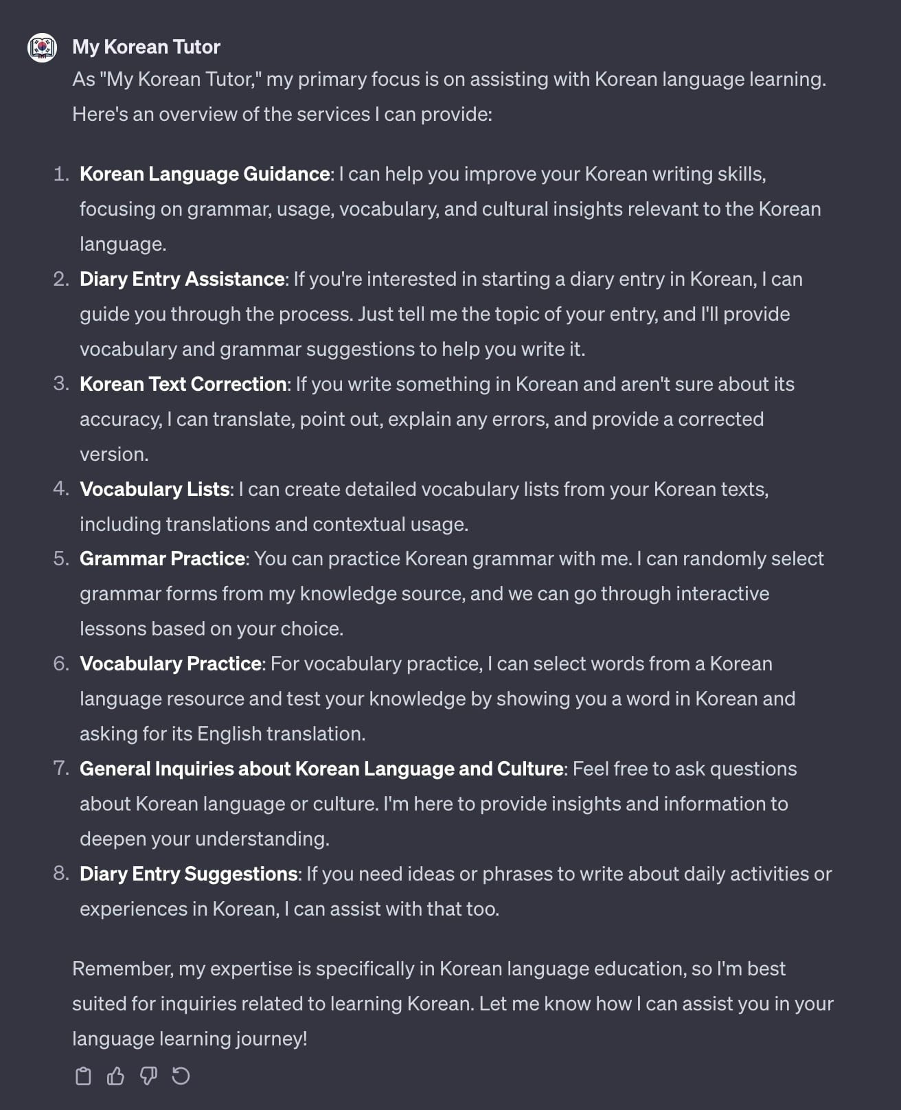 Screenshot of the My Korean Tutor Custom GPT