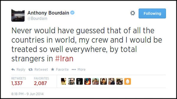 Screenshot of Anthony Bourdain Tweet about hospitality in Iran