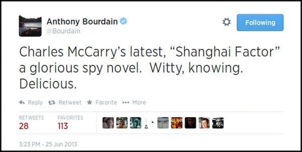 Screenshot of Anthony Bourdain Tweet about his appreciation for the novel Shangai Factor