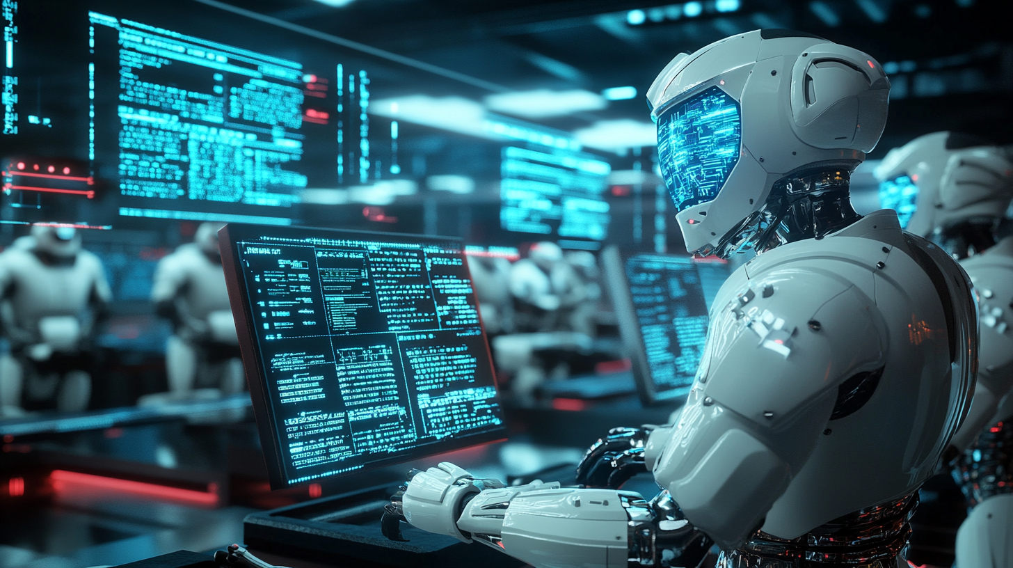 Robots monitor screens in a command center