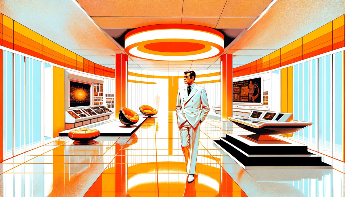 Image created with ChatGPT. 70s retro sci0fi illustration of a man in a white suit surrounded by advanced computers.