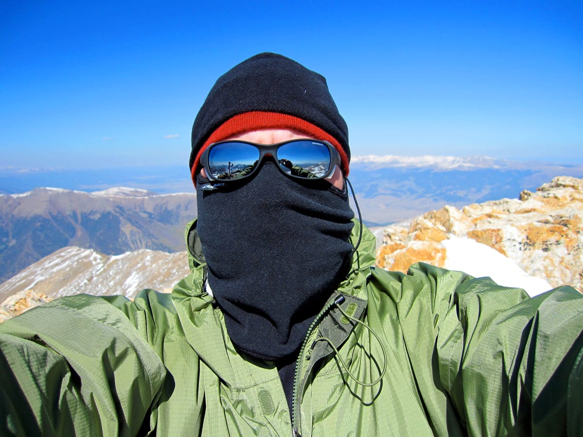 Selfie by John W. Little shows him on summit of Mt. Belford