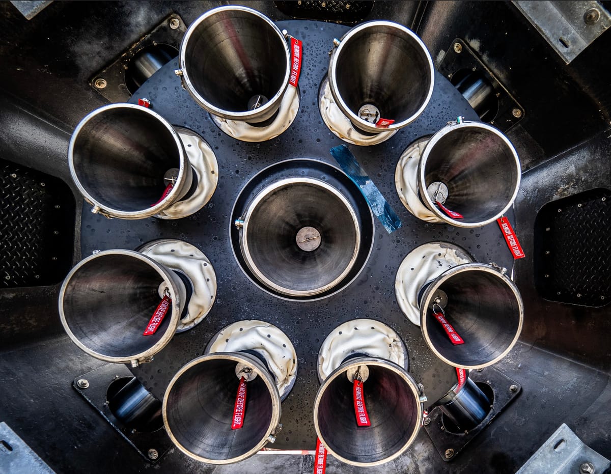 The 9 Rutherford Rocket Engine Nozzels on a Rocket Lab HASTE rocket.