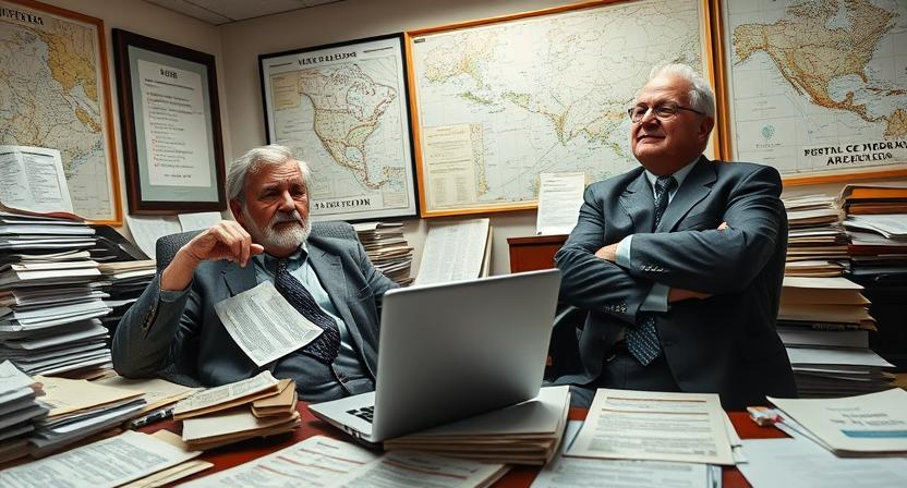 Two seasoned intelligence pros discuss the state of affairs in a map and report strewn office