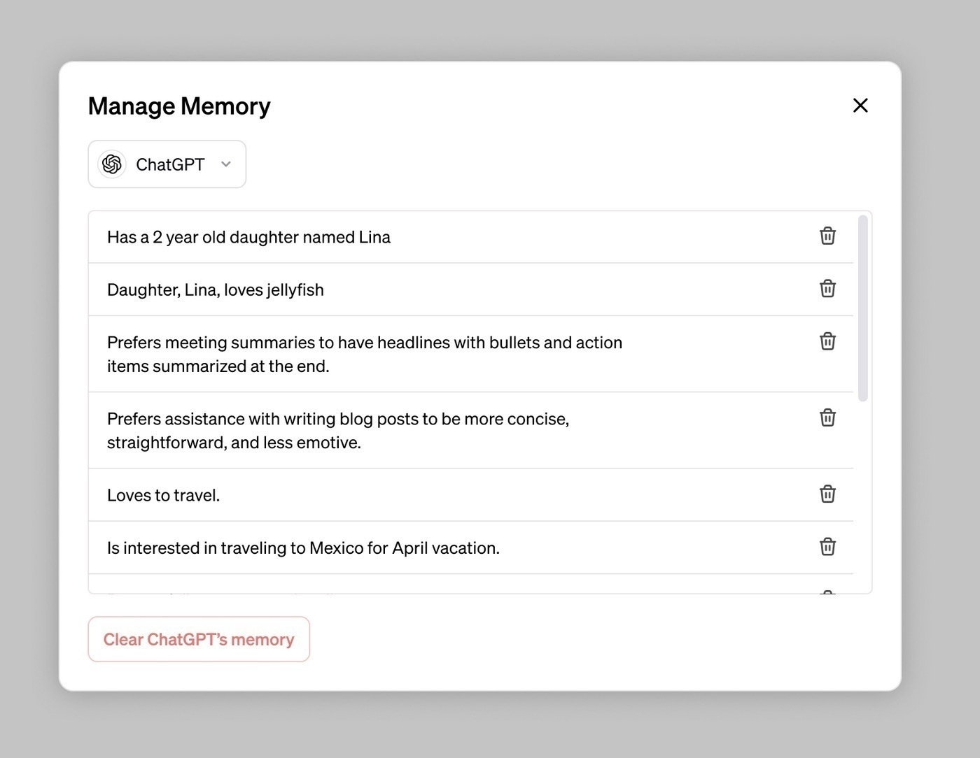 Screenshot of ChatGPT's interface for controlling memory settings